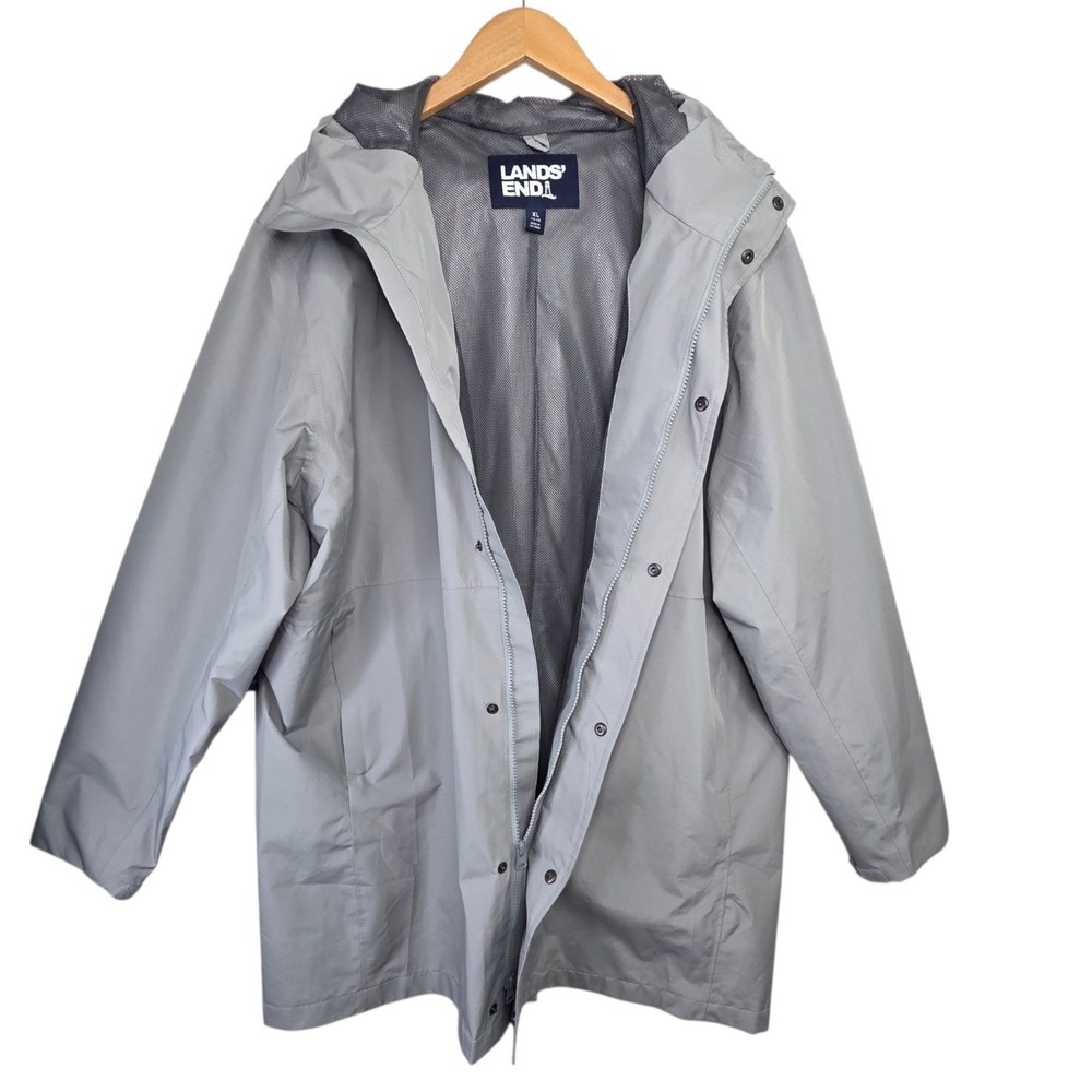 Lands End Mens Gray Windbreaker Rain Jacket SZ XL Gorpcore Hood Hiking Outdoor